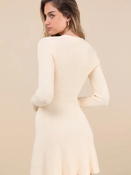 Lulu's Cream Button-Front Ribbed Mini Dress - Picture 3 of 8